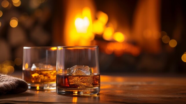 A cozy fireside scene with glasses of aged scotch and a crackling fireplace