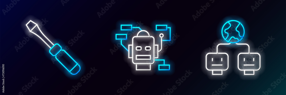 Poster set line artificial intelligence, screwdriver and robot icon. glowing neon. vector