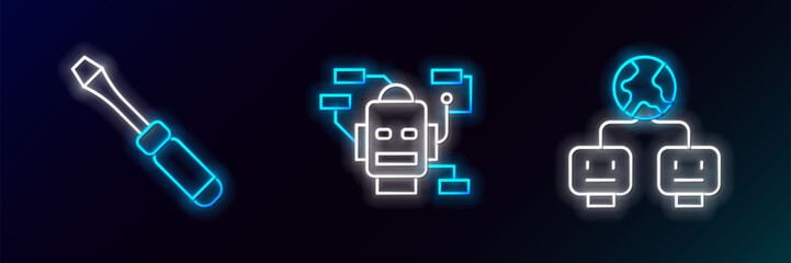 Set line Artificial intelligence, Screwdriver and Robot icon. Glowing neon. Vector