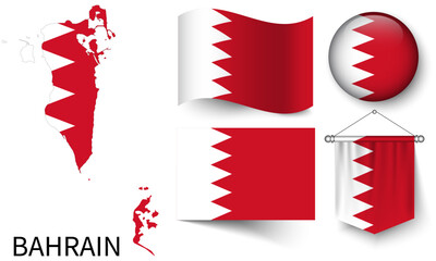 The various patterns of the Bahrain national flags and the map of the Bahrain borders