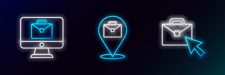 Set line Online working, and icon. Glowing neon. Vector