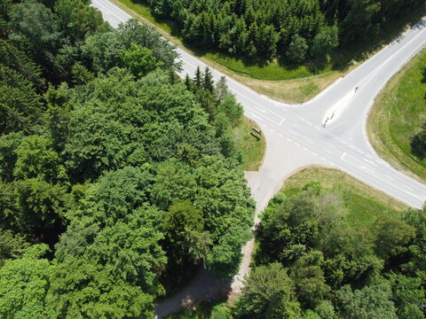 Aerial view of the road in the forest. drone photography,