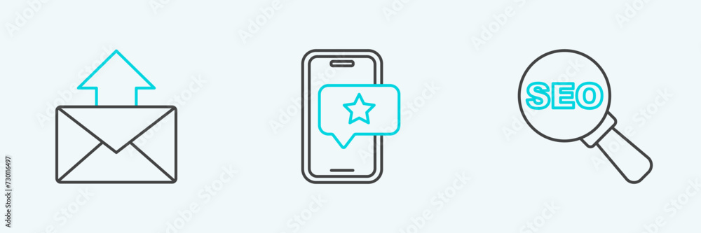 Poster set line seo optimization, mail and e-mail and mobile with review rating icon. vector