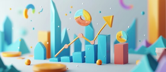 3D Render business growth bar chart with upward arrow in plastic cartoon style. AI generated