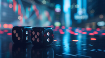 gambling or investing on stock and currency market concept, dice placed on the table in stock market background