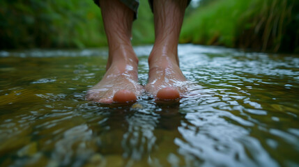 Feet dipping in the stream, relax time, therapy and reduce stress in living and investing and doing business