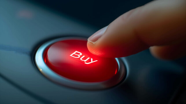 the finger was pressing the red button that in white word "Buy",buy product or stock in stock market concept