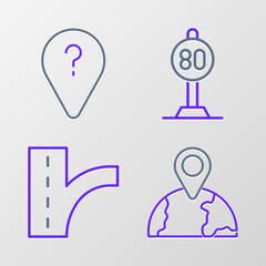 Set line Location on the globe, Road traffic sign, Speed limit and Unknown route point icon. Vector