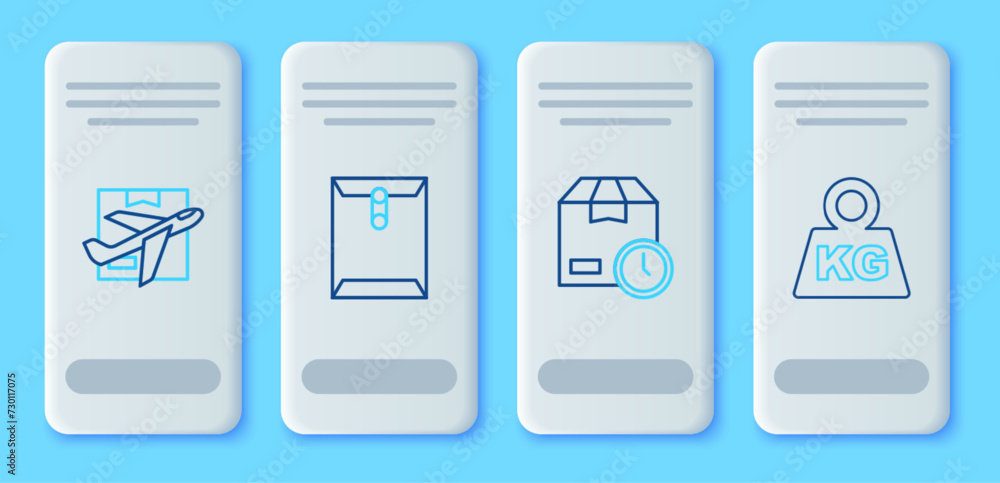Poster set line envelope, cardboard box with clock, plane and cardboard and weight icon. vector