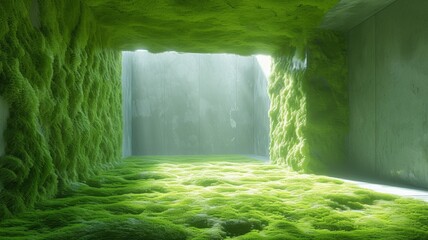 room covered with abstract green plants, science fiction