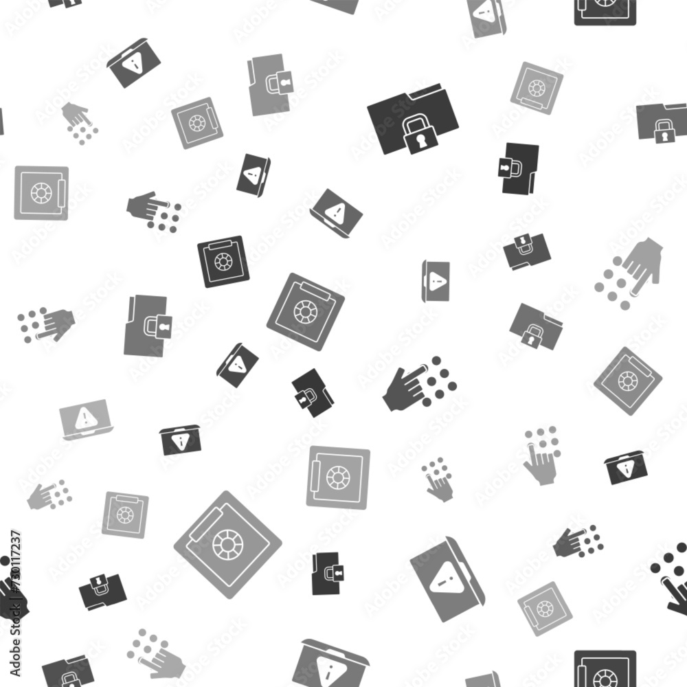 Poster set folder and lock, laptop with exclamation mark, password protection and safe on seamless pattern.