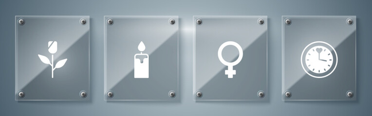 Set Clock, Female gender symbol, Burning candle and Flower rose. Square glass panels. Vector