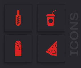 Set Slice of pizza, Hotdog sandwich, Paper glass with straw and Doner kebab icon. Vector
