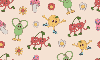 Vintage characters and elements with 70s hippie style pattern. Cute pattern or badges in a trendy psychedelic style. Fruits, mushrooms in cartoon groove style. Vector illustration.