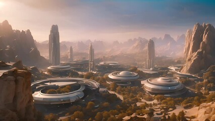 Unique structures combining spherical and conical shapes tower over the arid desert surface, symbolizing advanced technology and futuristic living.
