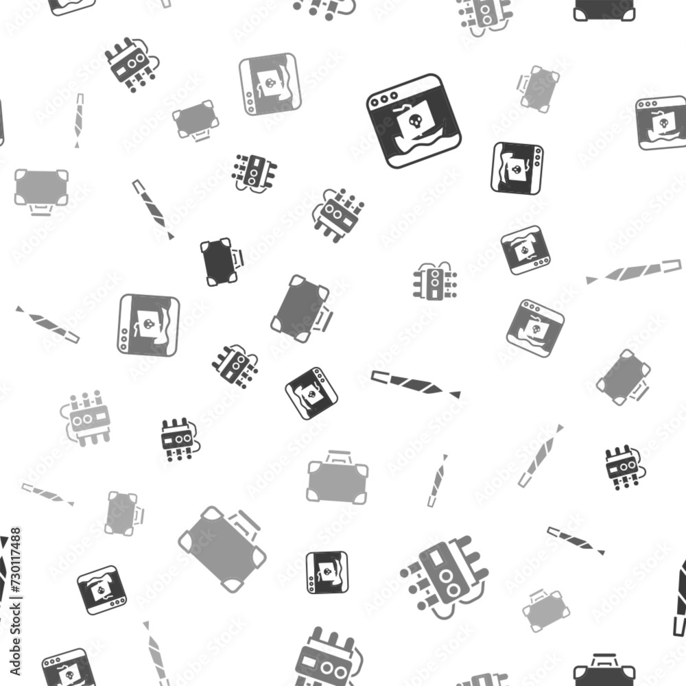 Poster set internet piracy, dynamite and timer clock, marijuana joint and briefcase money on seamless patte