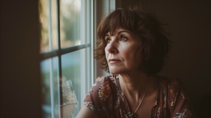 A thoughtful middle-aged woman looks out the window 