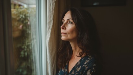 A thoughtful middle-aged woman looks out the window 
