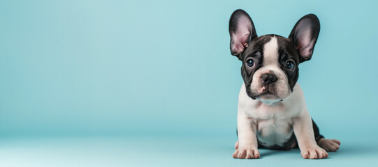 A small black and white French bulldog showcases its calm demeanour as it sits on a gentle blue background.