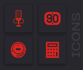 Set Calculator, Microphone, 90s Retro and Music CD player icon. Vector