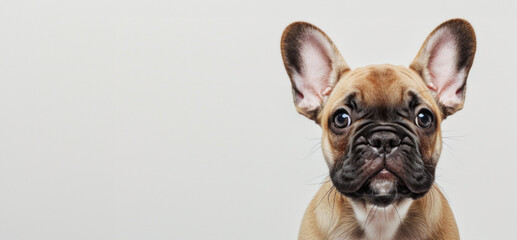 A small brown and white French bulldog puppy with big ears stands gracefully, capturing attention with its adorable appearance, copy space 