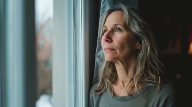 A thoughtful middle-aged woman looks out the window  - Powered by Adobe