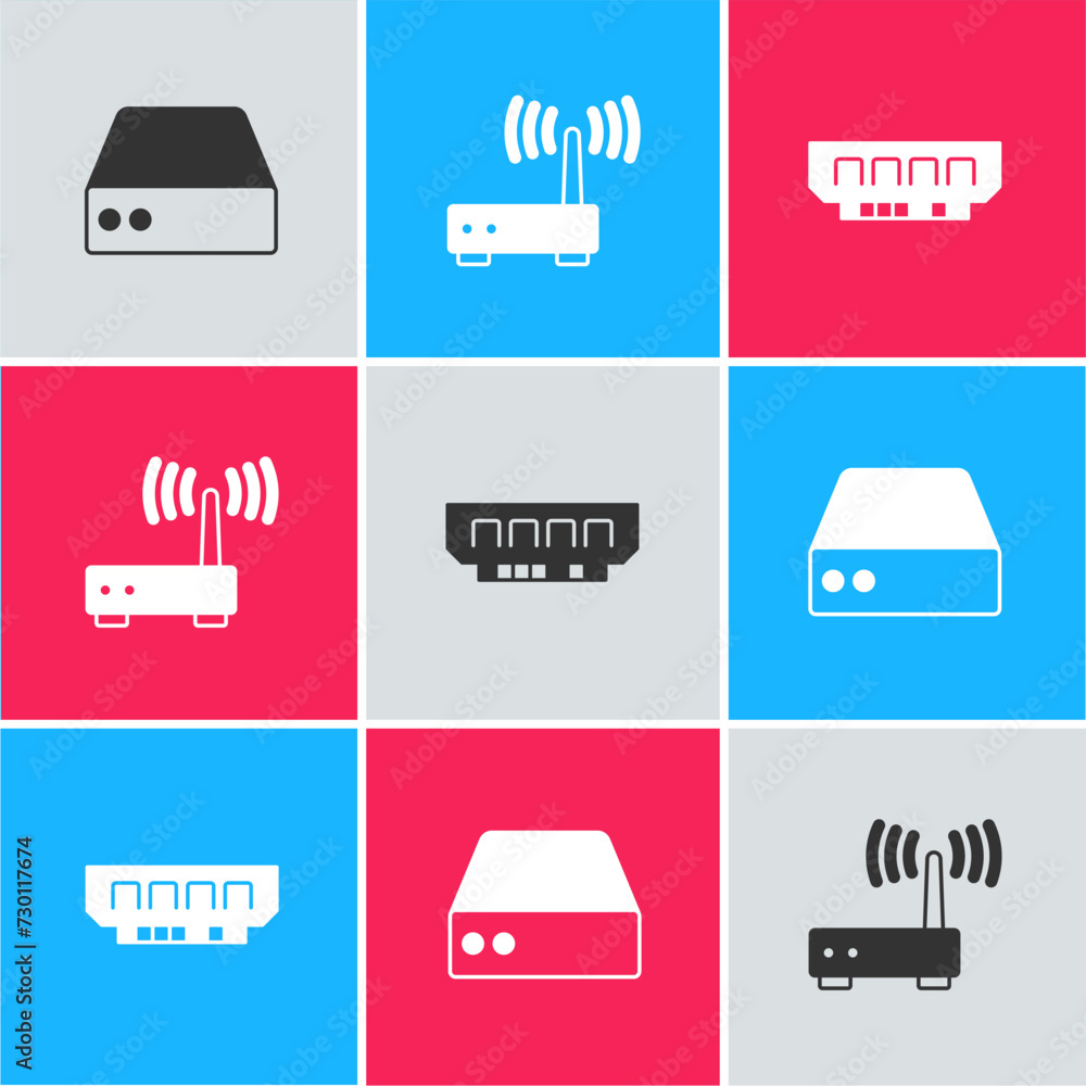 Poster set server, data, web hosting, router and wi-fi signal and ram, random access memory icon. vector