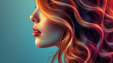 Side view close up portrait of a young woman with perfect face and perfect long shiny, curly hair. Beauty industry visual.