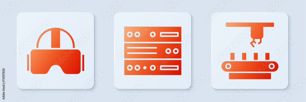 Poster set server, data, web hosting, virtual reality glasses and factory conveyor system belt. white squar