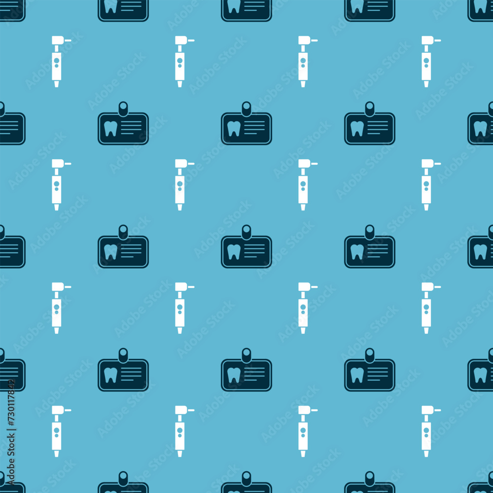 Poster set id card with tooth and tooth drill on seamless pattern. vector