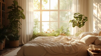 warmly lit bedroom filled with plants and morning sunlight streaming through the window, illuminating a bed with crumpled sheets and pillows