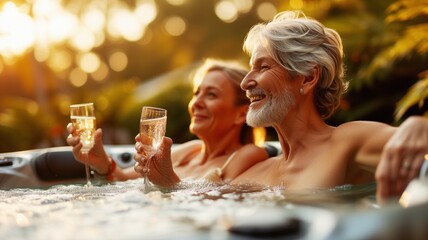 Adult couple in love raising champagne glasses while sitting in a hot tub. - Powered by Adobe