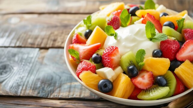A colorful fruit salad topped with a dollop of creamy custard, a refreshing dessert