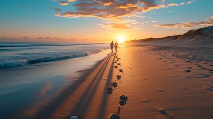 A couple strolling hand in hand along a tranquil beach at sunset, leaving footprints in the sand