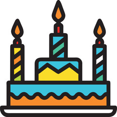 design a colorful birthday cake icon with lit candles, icon