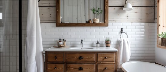White-tiled bathroom with wood vanity and mirror.