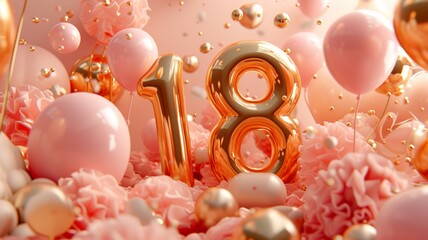 Happy Birthday 18 years anniversary of the person birthday, balloons in the form of numbers of the year.