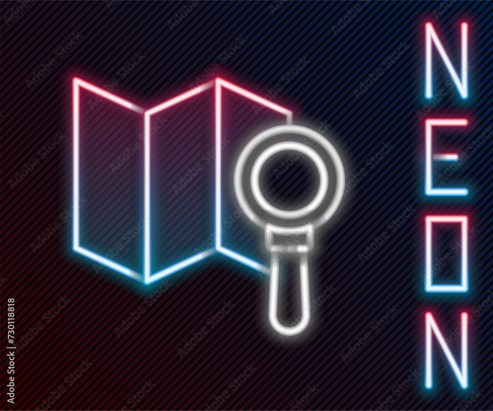 Aufkleber glowing neon line search location icon isolated on black background. magnifying glass with pointer s
