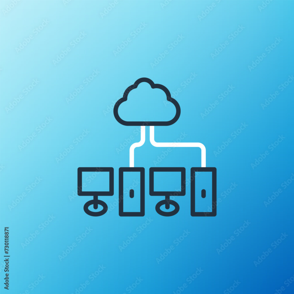 Poster line computer network icon isolated on blue background. laptop network. internet connection. colorfu