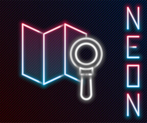 Glowing neon line Search location icon isolated on black background. Magnifying glass with pointer sign. Colorful outline concept. Vector Illustration
