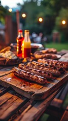 Very delicious looking sausages are on a cooked wooden serving plate on a wooden table