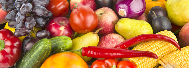 A set of fruits and vegetables. background. Wide photo.
