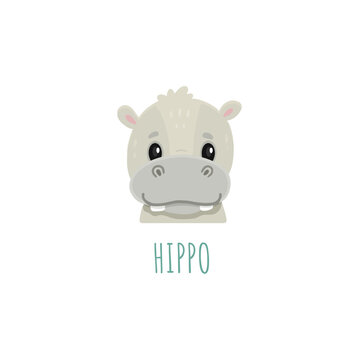 cute cartoon hippo. Animal in flat style. Hippopotamus head for cards,magazins,banners.Forest animal. Vector illustration