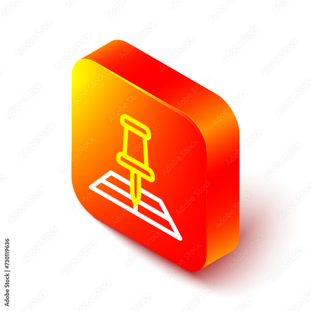 Poster isometric line folded map with location marker icon isolated on white background. orange square butt