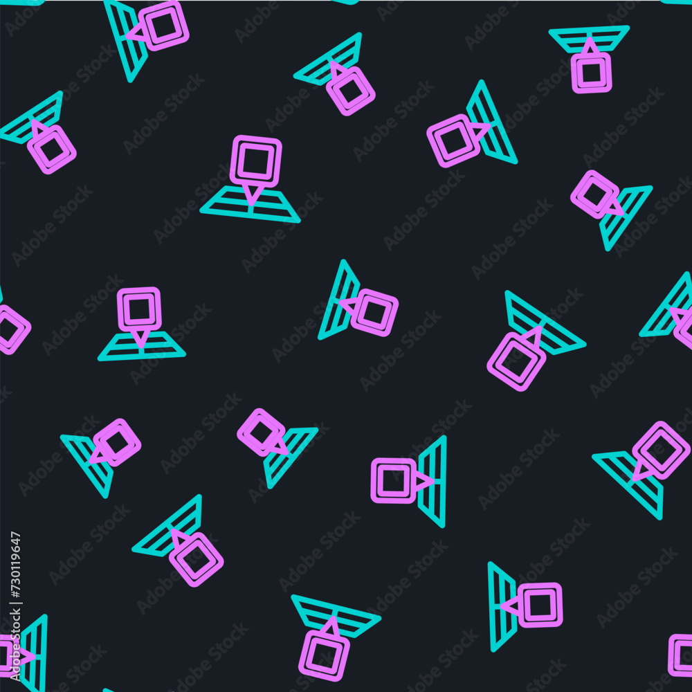 Poster line folded map with location marker icon isolated seamless pattern on black background. vector
