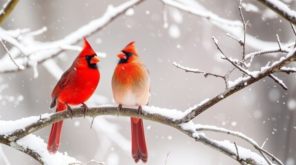 Against the backdrop of a winter landscape, a vibrant pair of cardinals perches delicately on a snow-covered tree branch. 