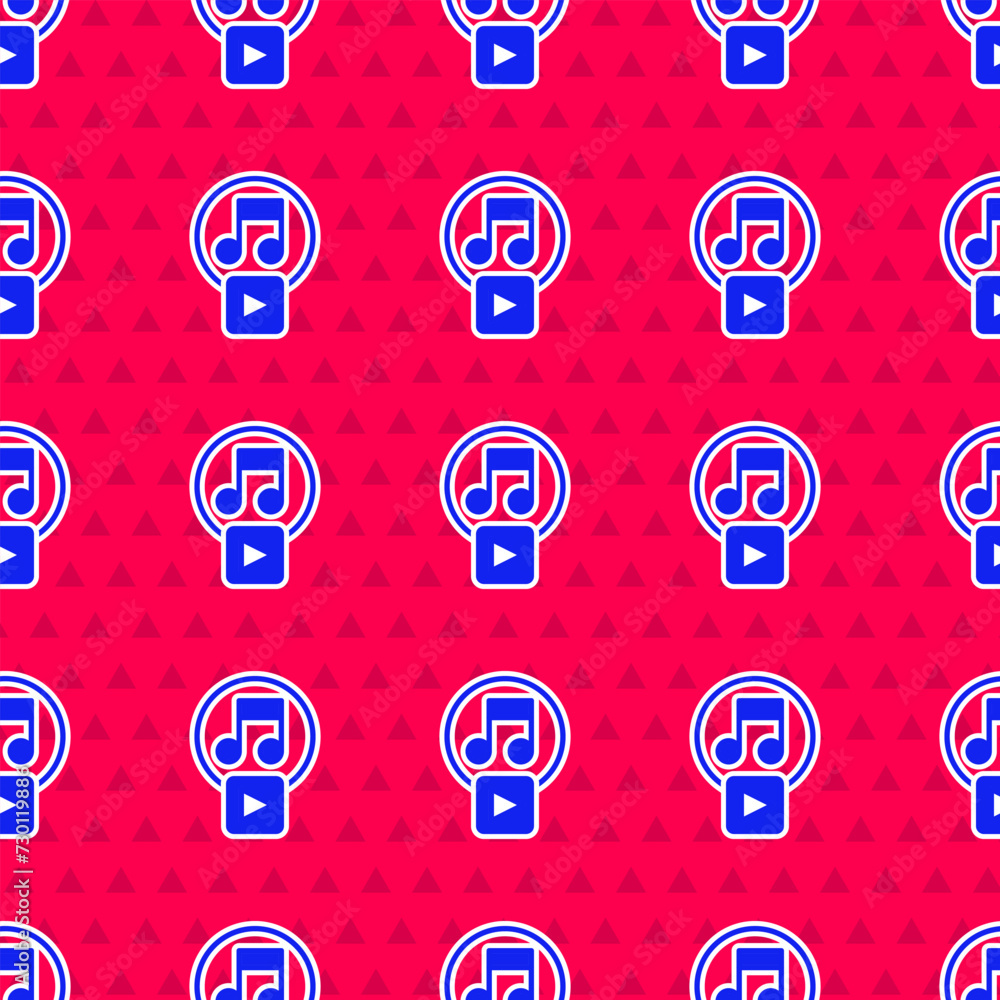 Poster blue play in square icon isolated seamless pattern on red background. vector