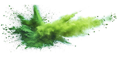 green splash painting on white background, green powder dust paint green explosion explode burst isolated splatter abstract. green smoke or fog particles explosive special effect