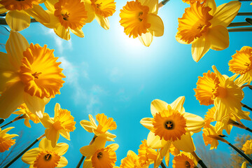 Obraz na płótnie Canvas Bottom view of Yellow daffodil flower heads against sunny blue sky with space for text in the middle Spring greeting card