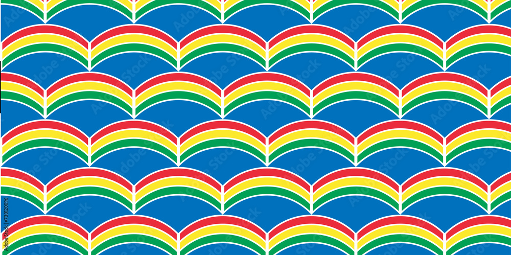 Poster rainbow scales pattern on blue background, an array of colorful rainbow arcs forming a scale-like pa